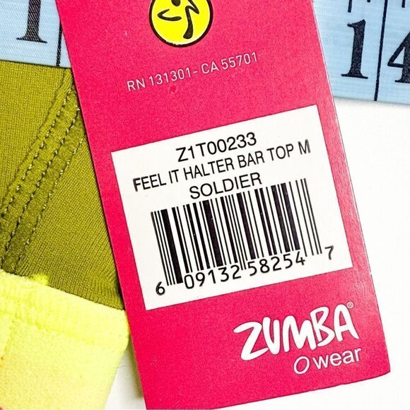Zumba NWT! Feel It Halter Bar Sports Bra Soldier Green Neon Band Dance Fitness - Picture 4 of 6